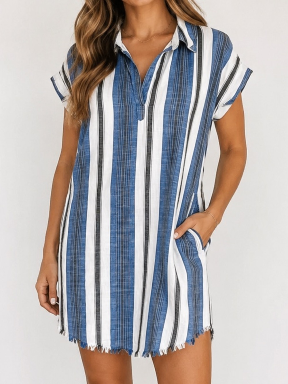 Rise & Bloom Striped Shirt Dress Blue White Fringe Hem Size L